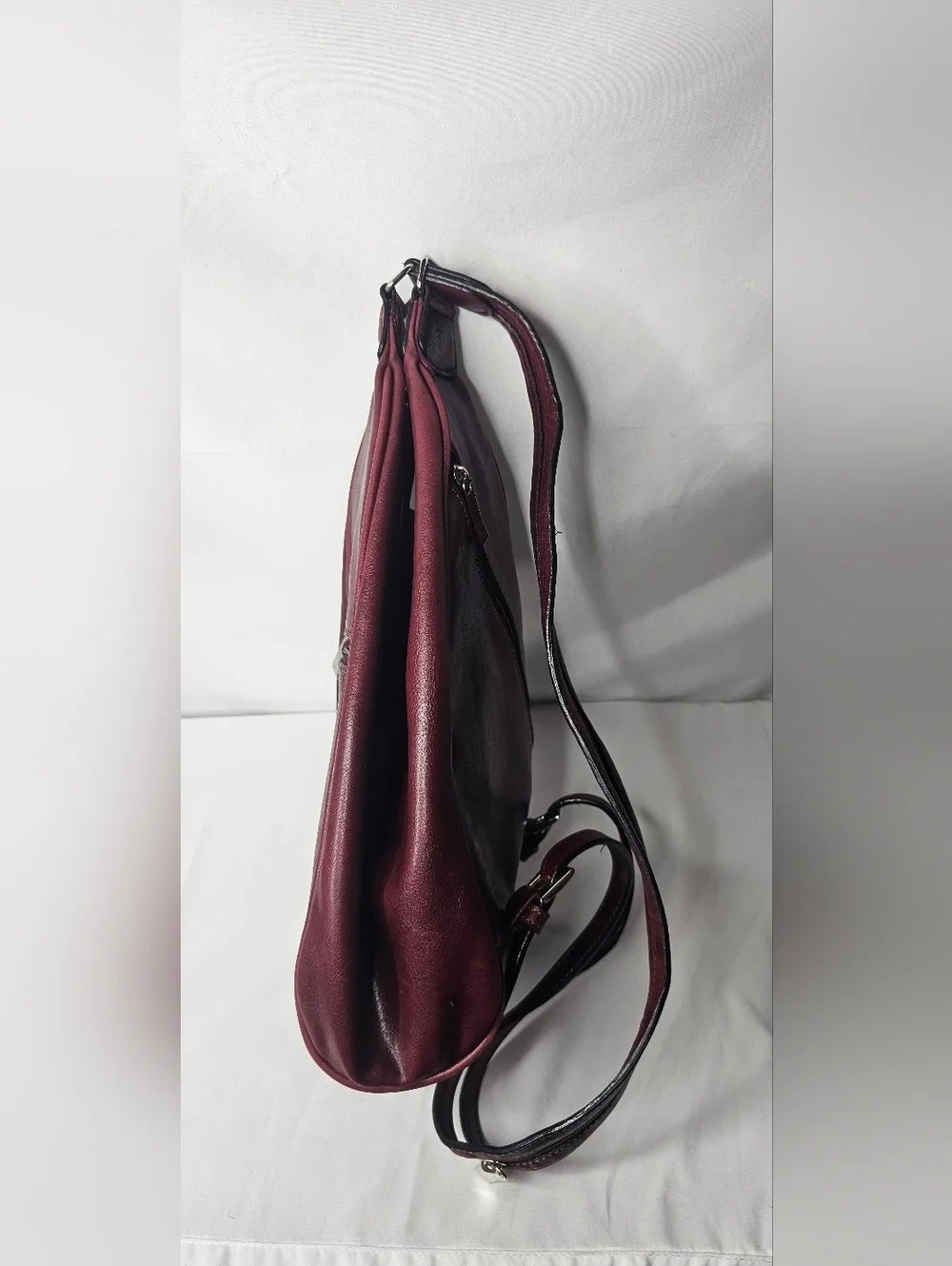 Rina Rich Burgundy Leather Teardrop Sling Backpack Convertible Zipper Strap Bag